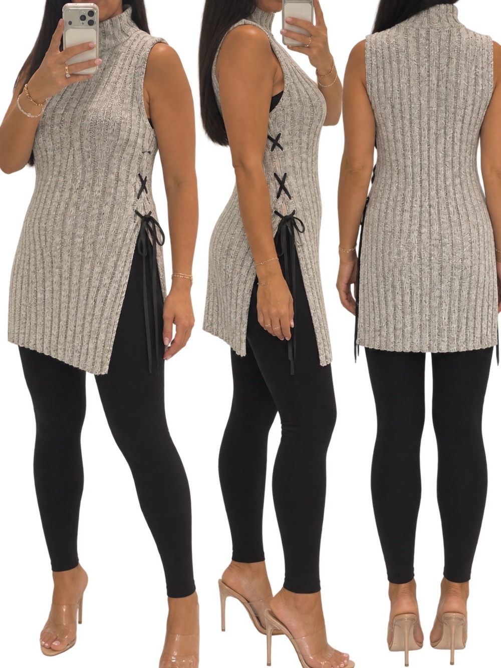 BCBGMaxAzria Sleeveless Ribbed Tunic Sweater in Cream and Black